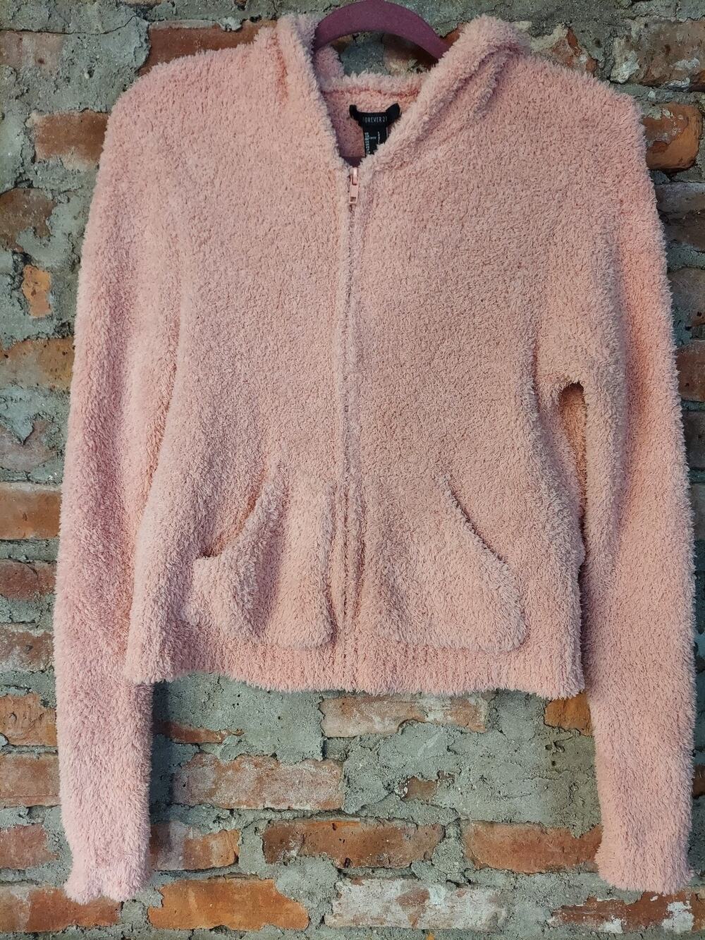FOREVER 21 Womens Fuzzy Full Zip Hoodie Jacket L Pink Cropped Sherpa